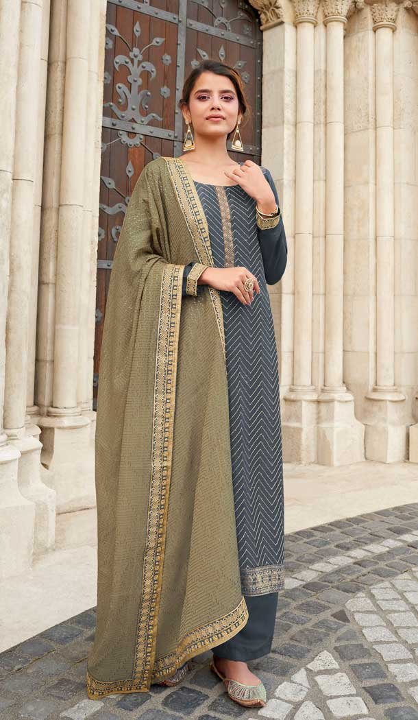 Grey Color Real Chinon Designer Embroidered Palazzo Salwar Suit -1141127777