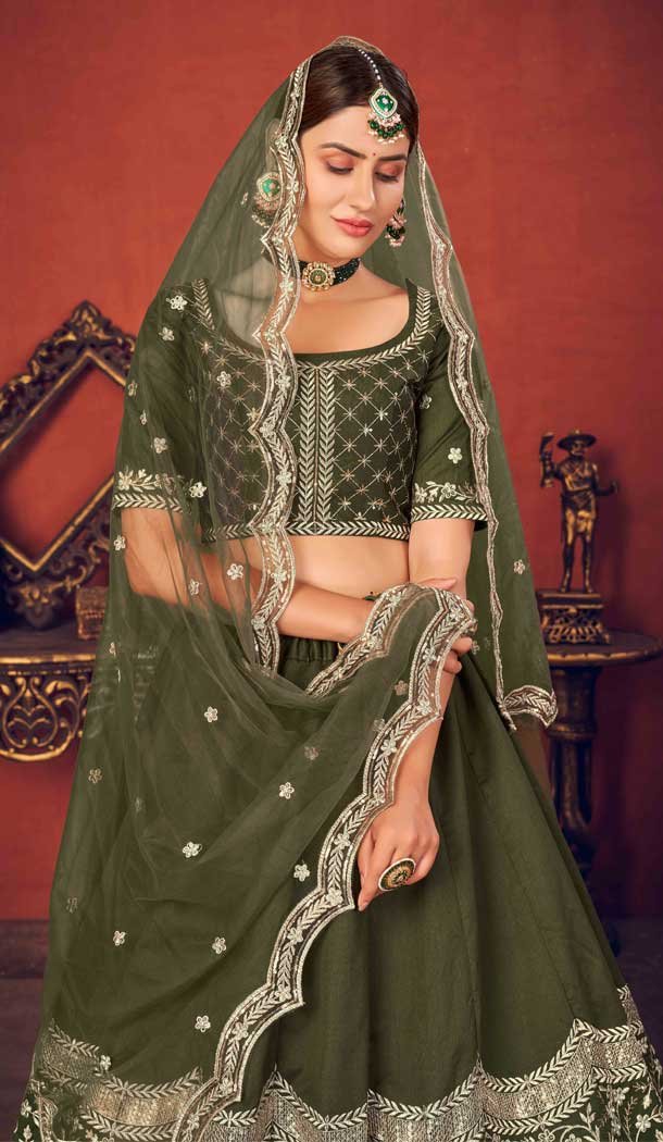 Olive Green Color Art Silk Traditional Party Wear Lehenga Choli -1151127851