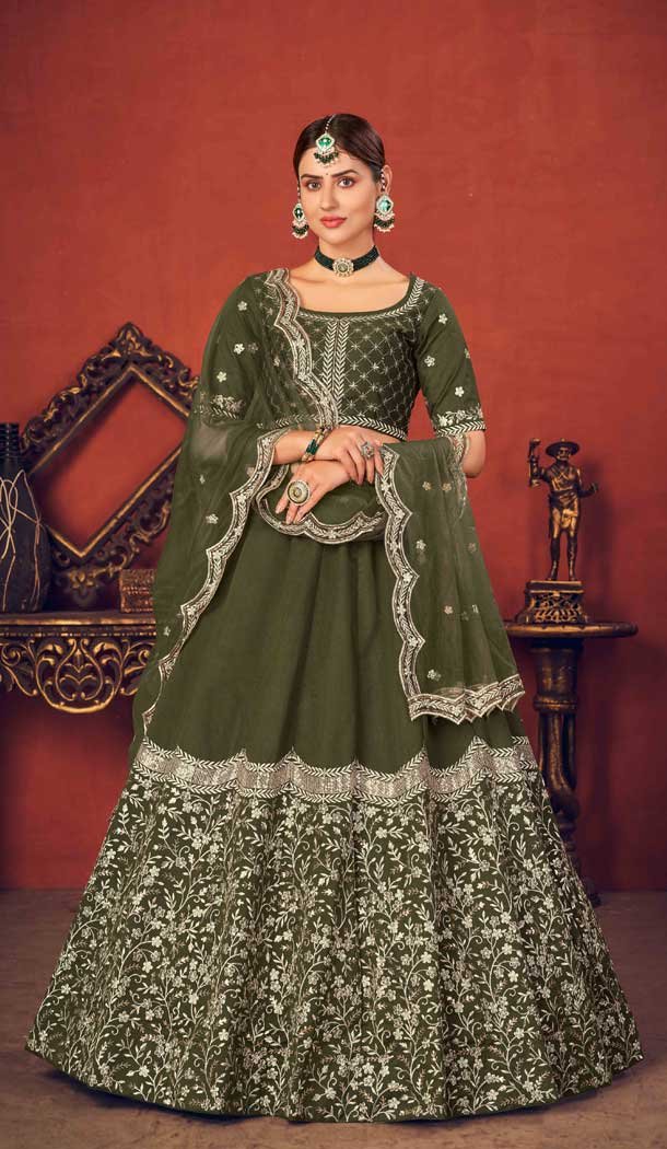 Olive Green Color Art Silk Traditional Party Wear Lehenga Choli -1151127851