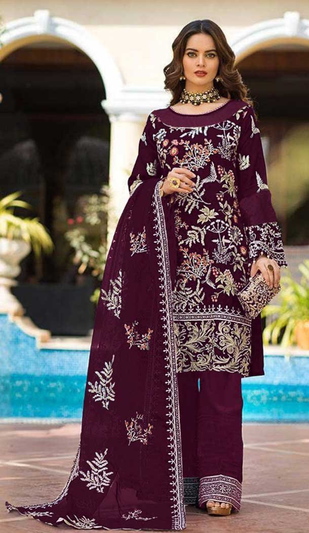 Wine Color Faux Georgette Embroidered Pakistani Salwar Suit -1155127865