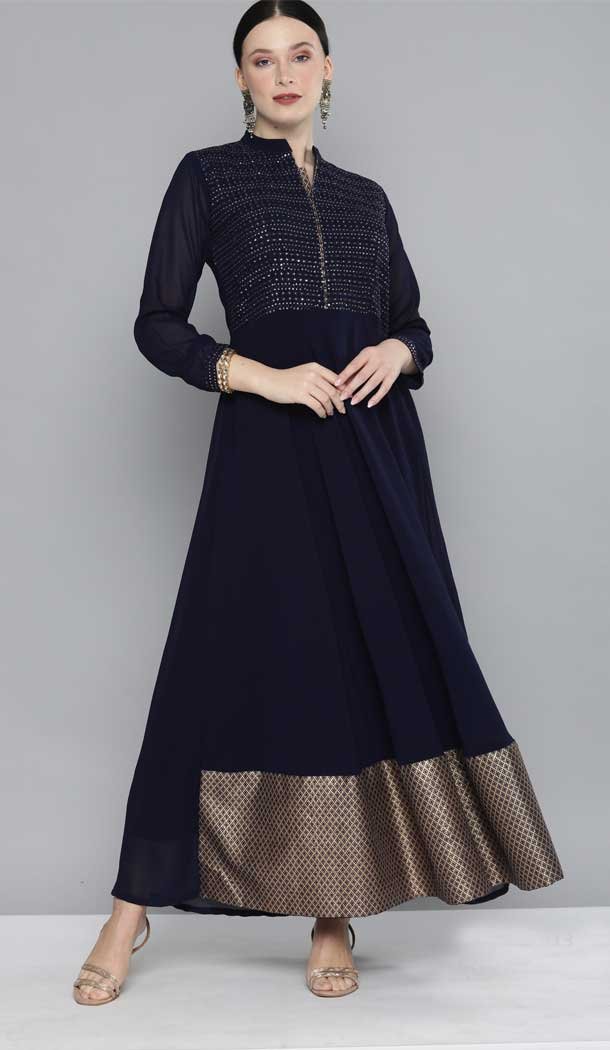 Navy Blue Color Georgette Designer Party Wear Long Kurti -1167127898