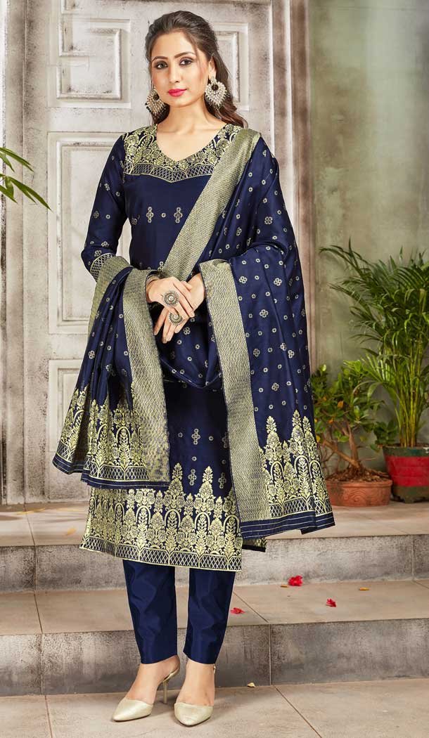 Navy Blue Color Banarasi Art Silk Casual Party Wear Salwar Kameez -1198128123