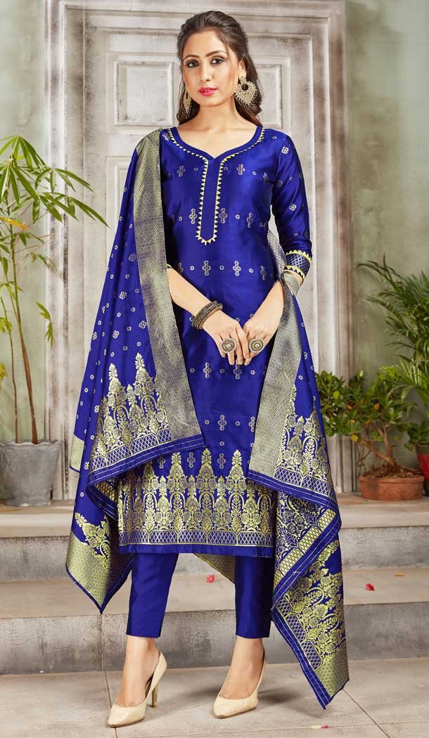 Purple Blue Color Banarasi Art Silk Casual Party Wear Salwar Kameez -1198128125