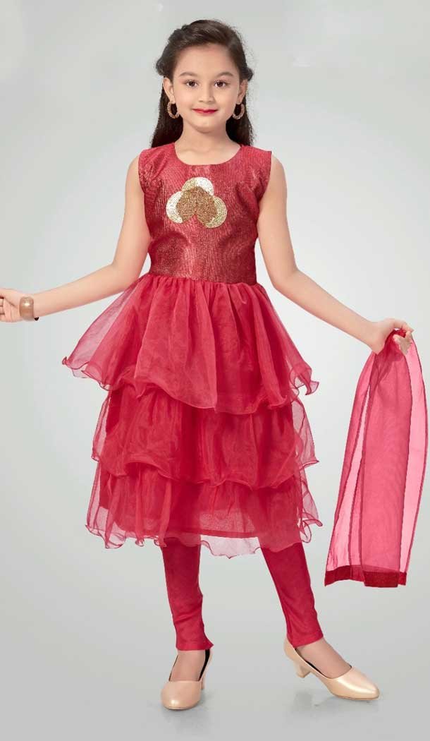 Dark Pink Color Organza Designer Kids Girls Wear Anarkali Dress -1179128004