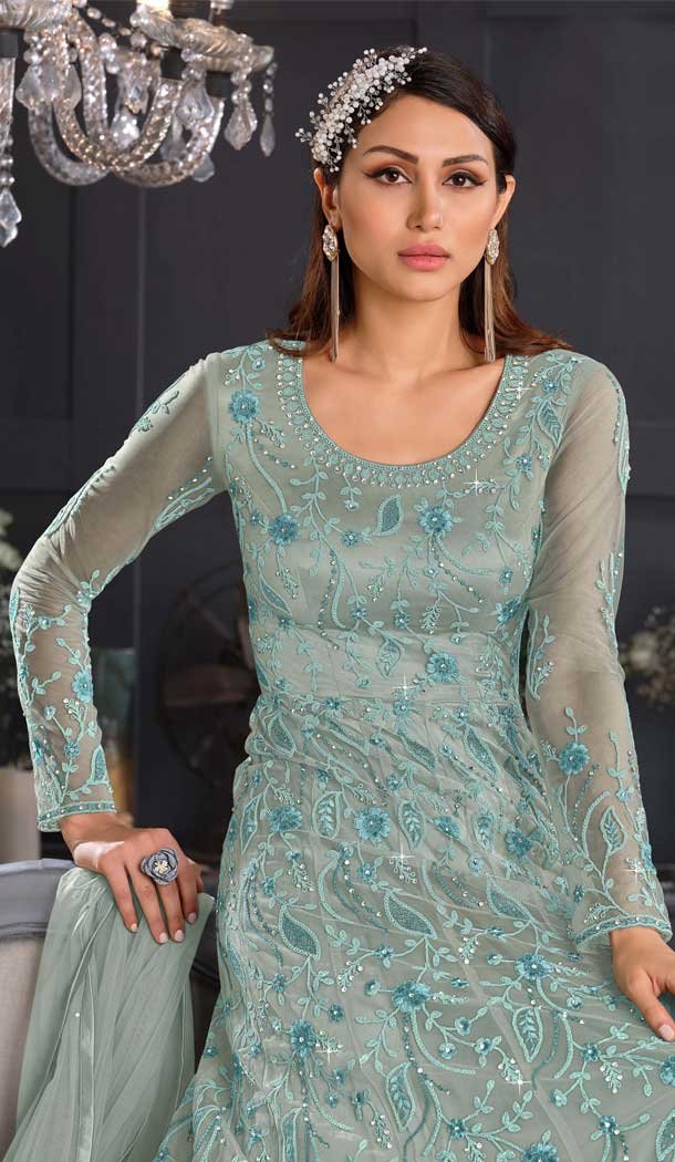 Multi Color Butterfly Net Designer Party Wear Indo Western Gown Suit -1209128306