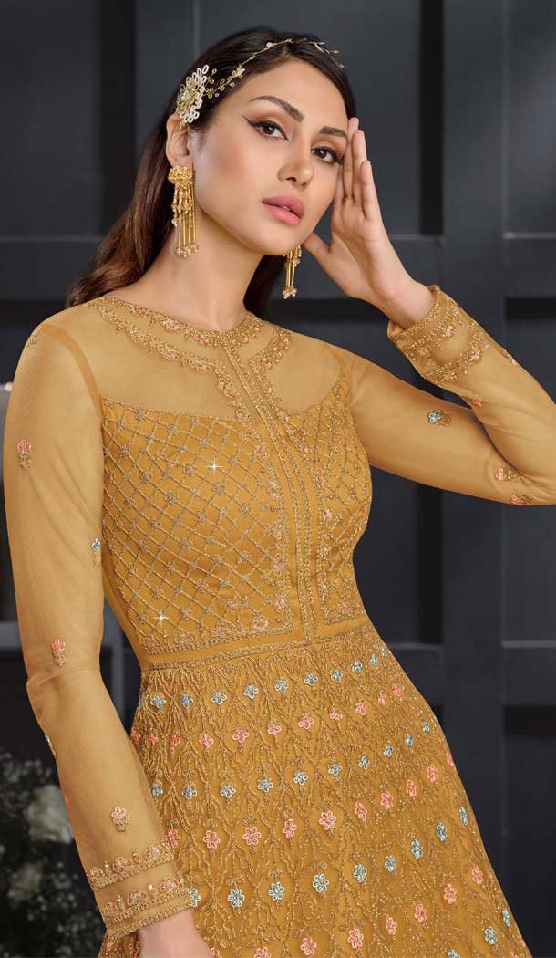 Musterd Color Butterfly Net Designer Party Wear Indo Western Gown Suit -1209128307