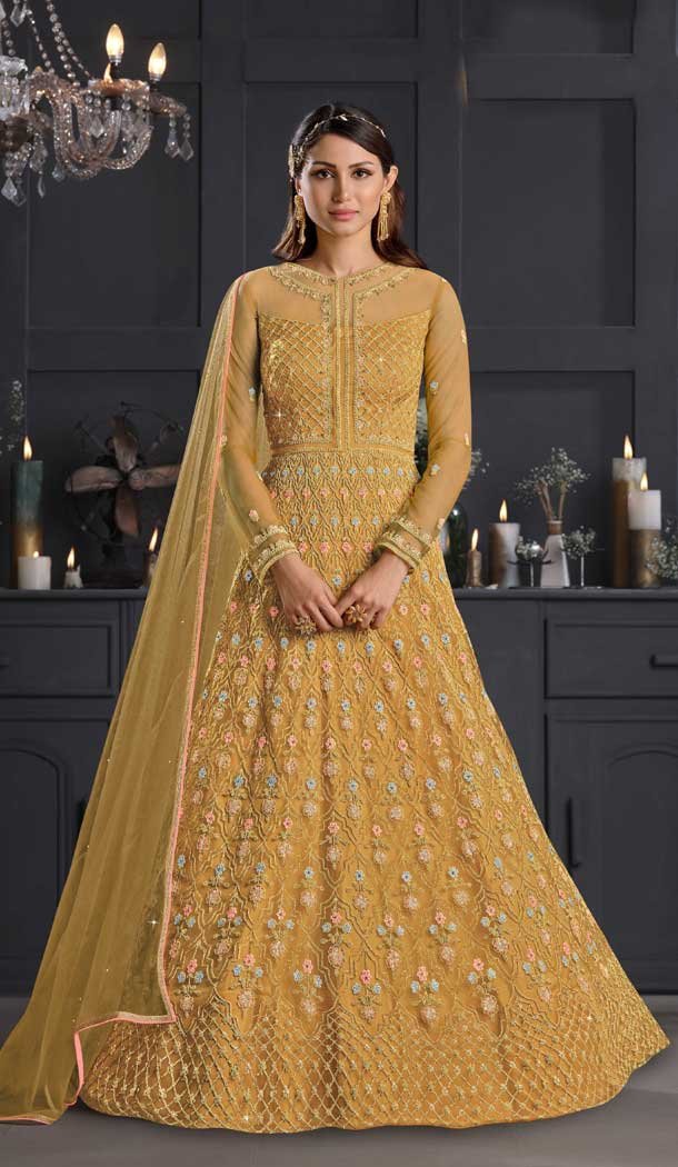 Musterd Color Butterfly Net Designer Party Wear Indo Western Gown Suit -1209128307