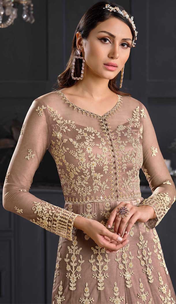 Beige Color Butterfly Net Designer Party Wear Indo Western Gown Suit -1209128309