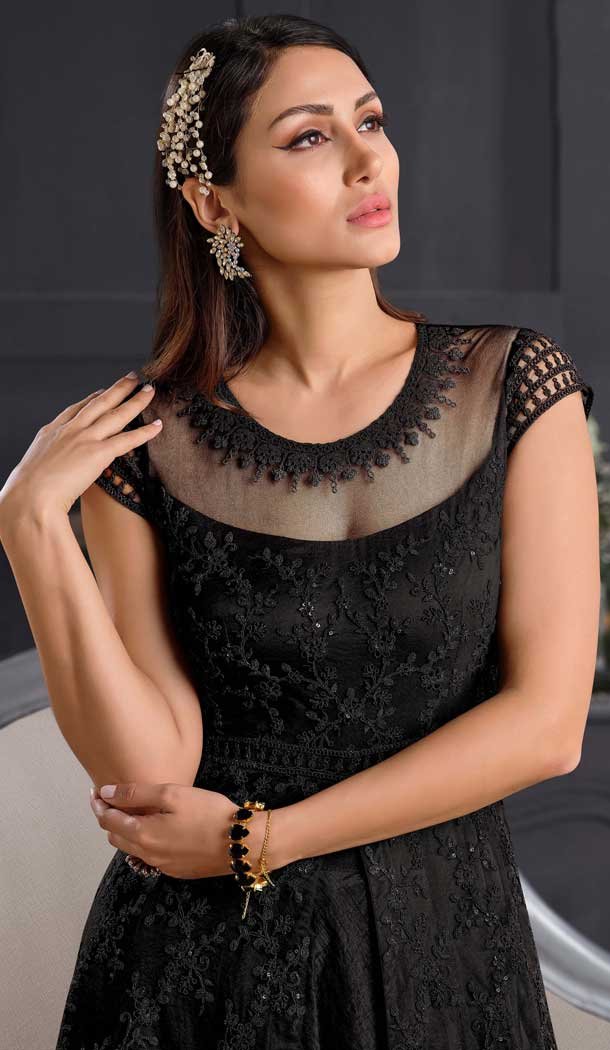 Black Color Butterfly Net Designer Party Wear Indo Western Gown Suit -1209128311