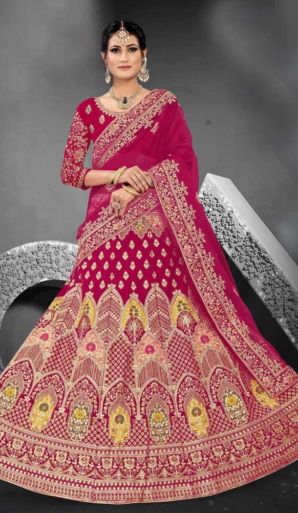 Pink Color Velvet Designer Heavy Bridal Wedding Wear Lehenga Choli -1212128328
