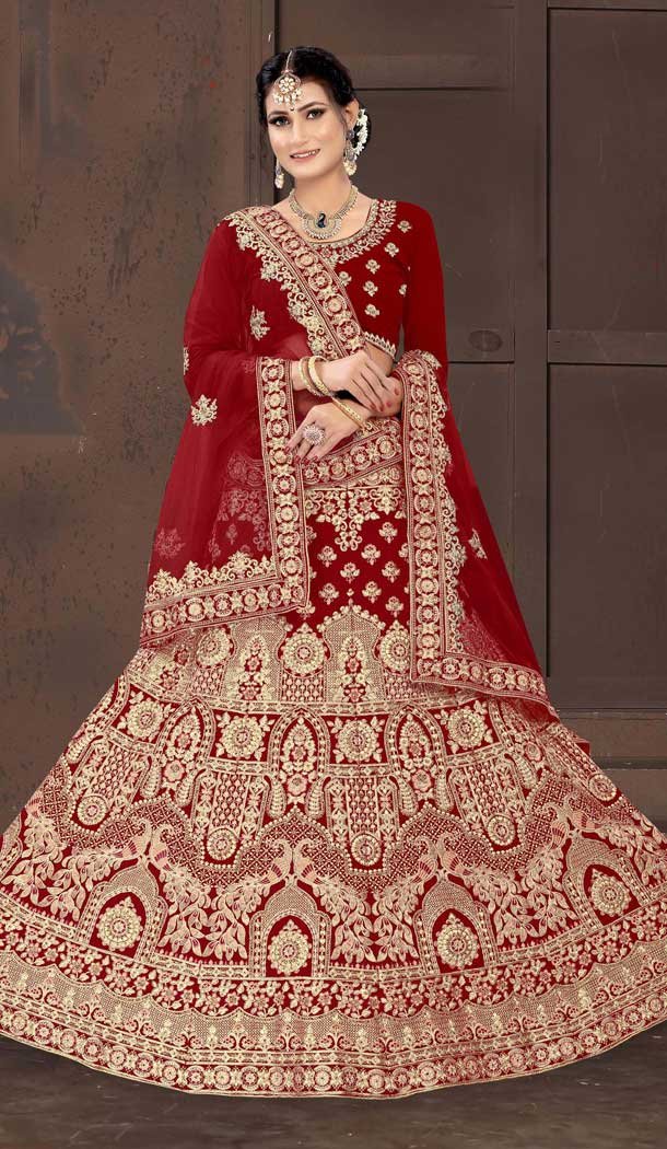 Maroon Color Velvet Designer Heavy Bridal Wedding Wear Lehenga Choli -1212128333