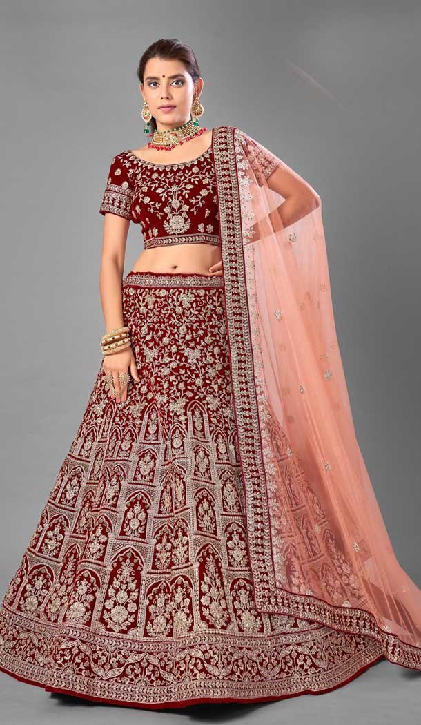 Marvelous Maroon Color Velvet Designer Bridal Wedding Wear Lehenga Choli -1214128355