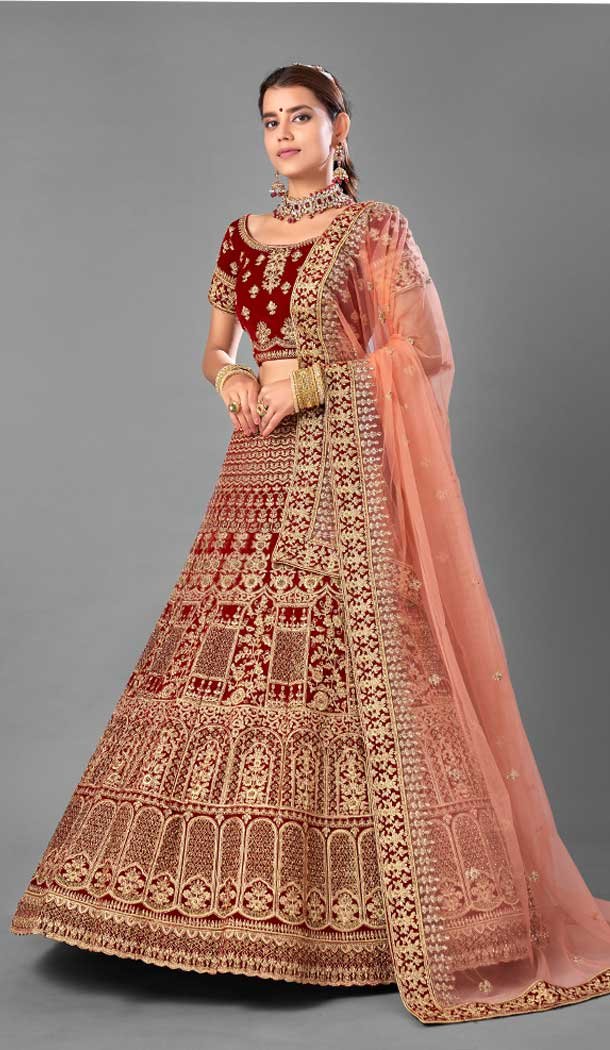 Tranquil Maroon Color Velvet Designer Bridal Wedding Wear Lehenga Choli -1214128359