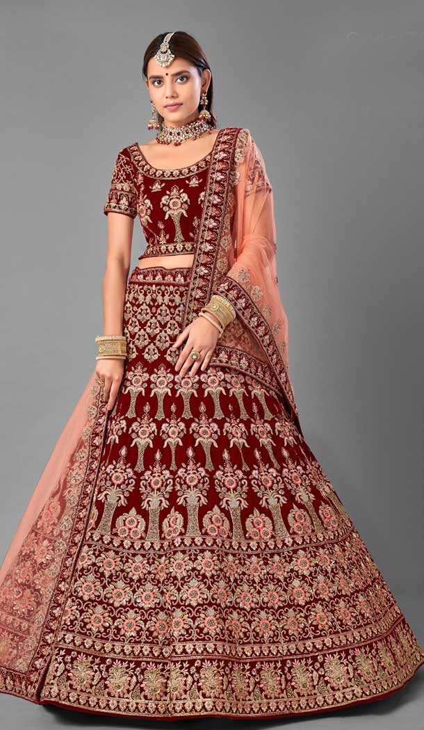 Mesmerizing Maroon Color Velvet Designer Bridal Wedding Wear Lehenga Choli -1214128360