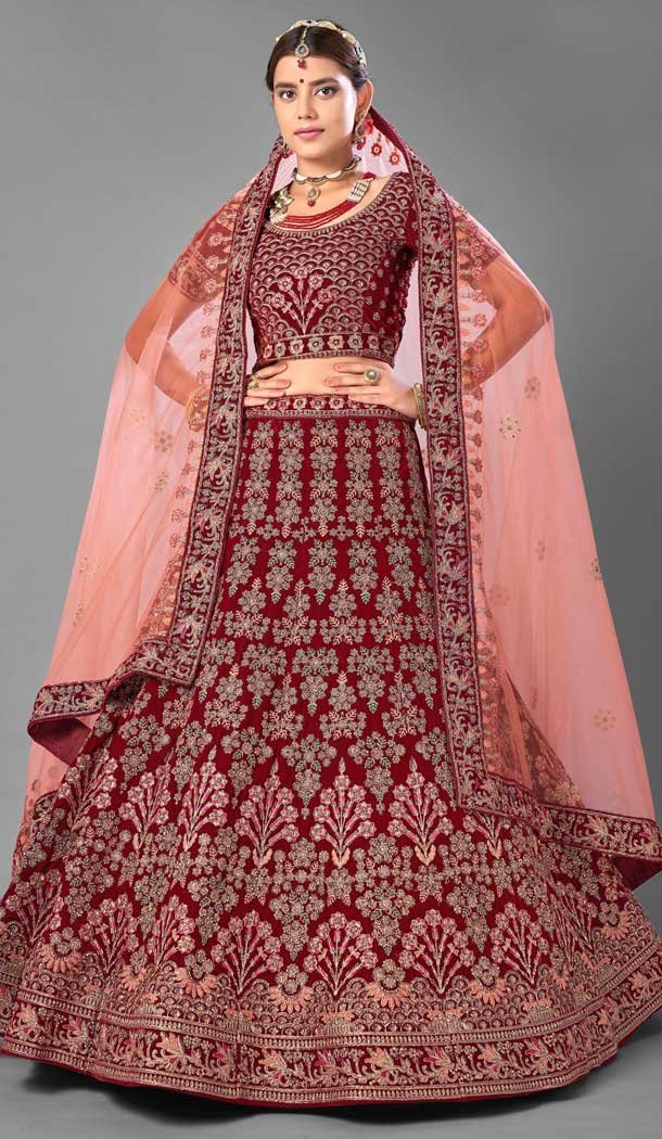 Ravishing Maroon Color Velvet Designer Bridal Wedding Wear Lehenga Choli -1214128361
