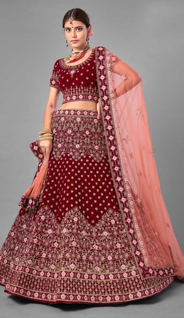 Dazzling Maroon Color Velvet Designer Bridal Wedding Wear Lehenga Choli -1214128362