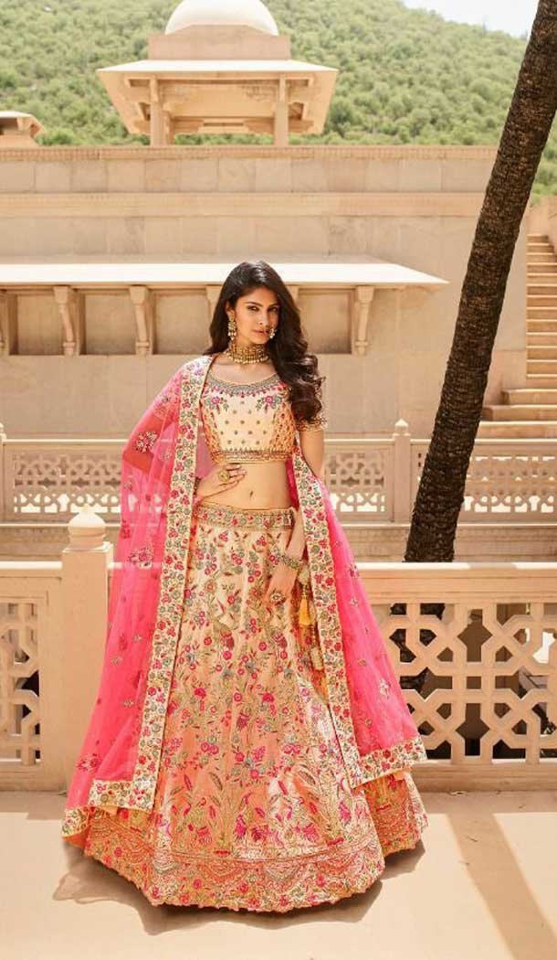 Fascinating Peach Color Silk Heavy Bridal Wedding Wear Lehenga Choli -1230128498