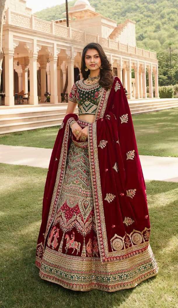 Green Color Markable Velvet Heavy Bridal Wedding Wear Lehenga Choli -1230128499