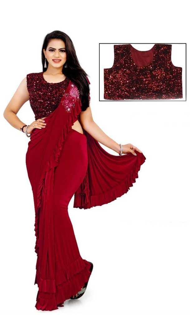 Red Color Lycra Designer Party Wear Lehenga Style Saree -1231128503