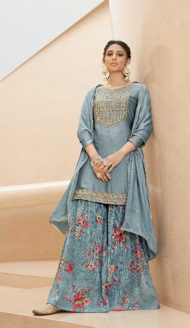 Gleaming Grey Color Pure Muslin Designer Festive Wear Pakistani Salwar Suit -1371129474