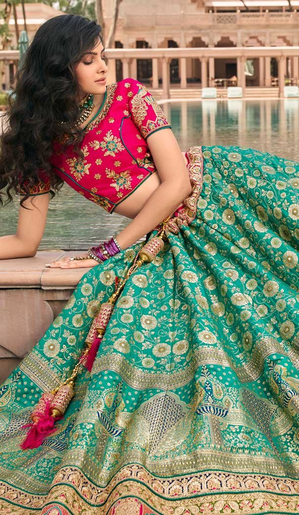 Sky Blue Color Banarasi Silk Heavy Bridal Wedding Wear Lehenga Choli -1382129541