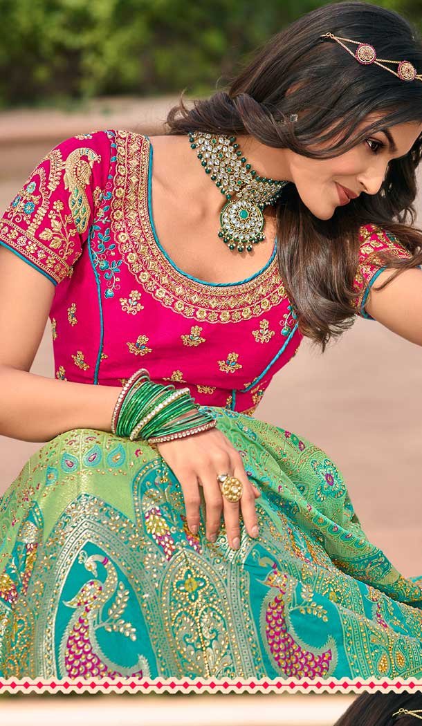 Pista Green Color Banarasi Silk Heavy Bridal Wedding Wear Lehenga Choli -1382129543