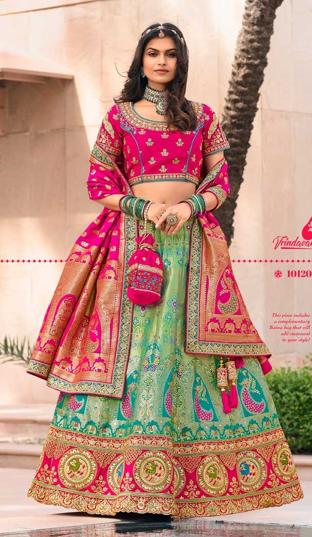 Pista Green Color Banarasi Silk Heavy Bridal Wedding Wear Lehenga Choli -1382129543
