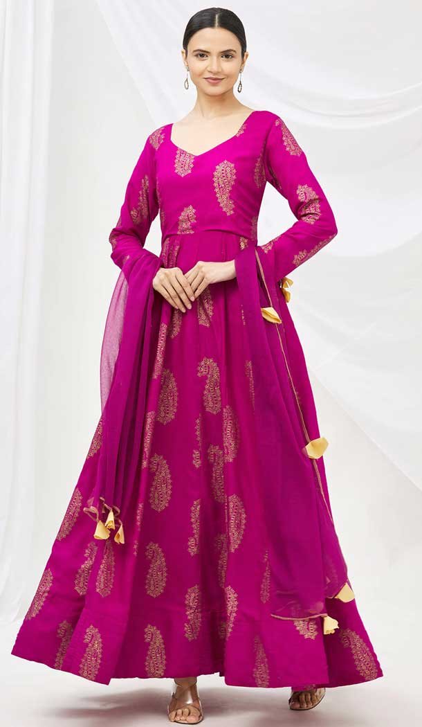 Magenta Color Pure Maslin Festive Wear Aanarkali Style Gown Suit -1448129989