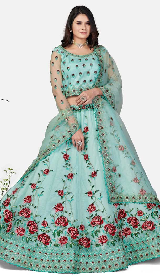 Sky Blue Color Soft Net Bridal Mehendi Sangeet Wear Lehenga Choli -1438129916