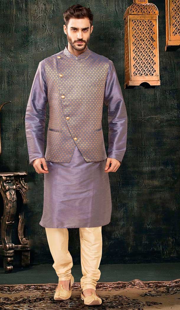 Purple Color Poly Silk Party Wear Readymade Mens Kurta Pajama -1457130055