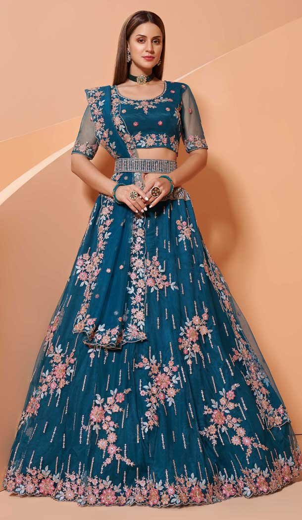 Blue Color Net Heavy Designer Party Wear Plus Size Lehenga Choli -1465130114