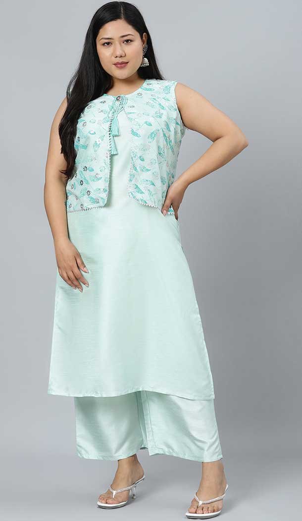 Sky Blue Color Poly Silk Designer Party Wear Readymade Plus Size Kurtis -1479130245