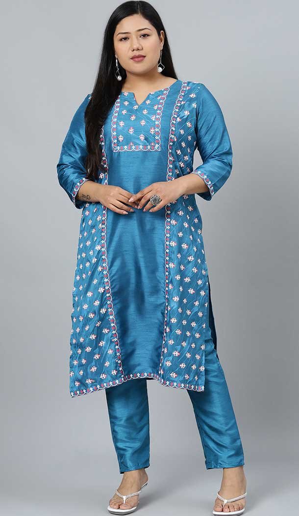 Beautiful Sky Blue Color Poly Silk Designer Party Wear Readymade Plus Size Kurtis -1479130246