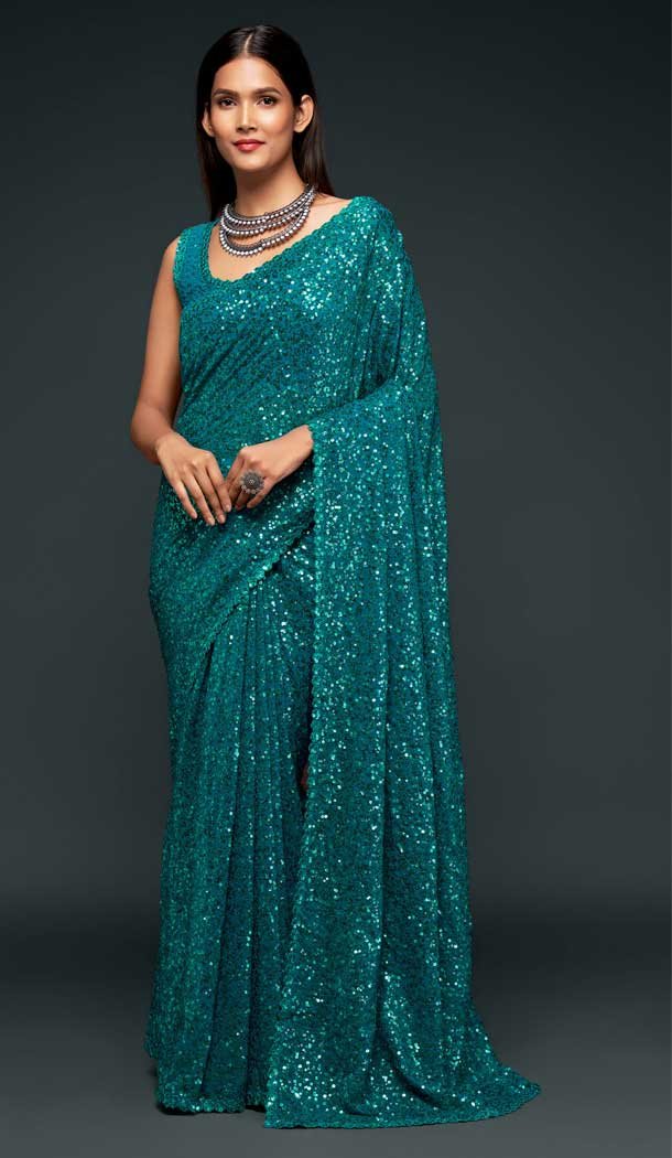 Captivating Teal Color Georgette Designer Party Wear Fancy Saree Blouse -1513130724