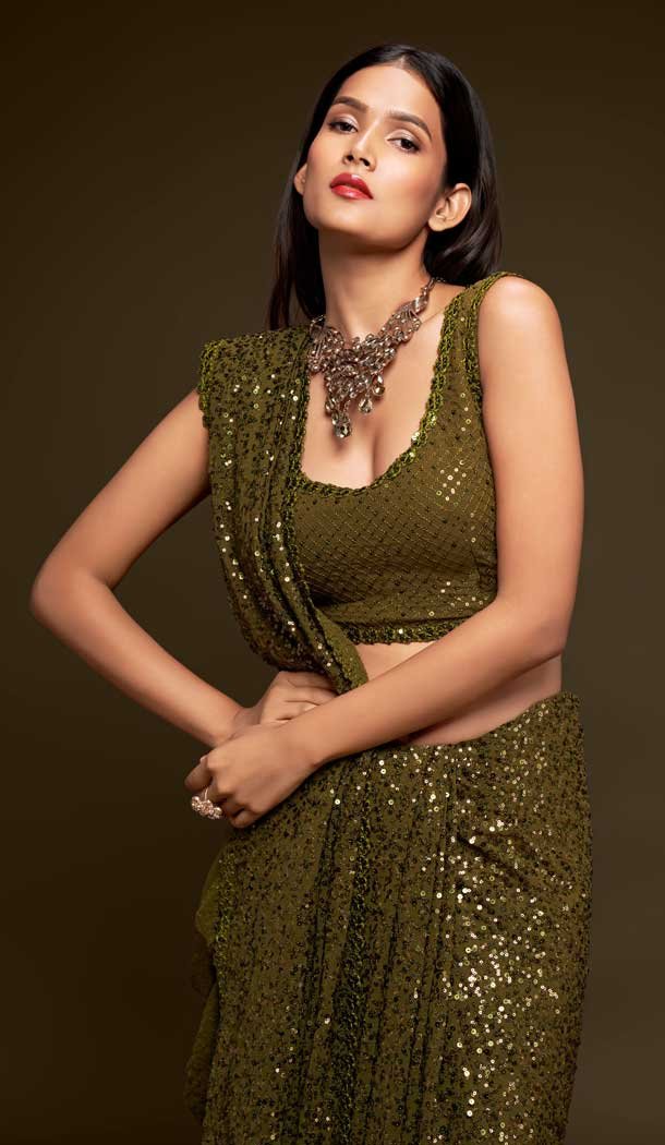 Gleaming Mehendi Color Georgette Designer Party Wear Fancy Saree Blouse -1513130726