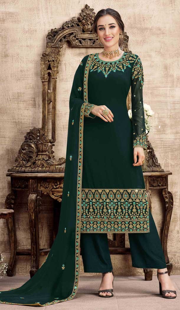 Green Color Swiss Georgette Pakistani Style Palazzo Salwar Suit -1524130788