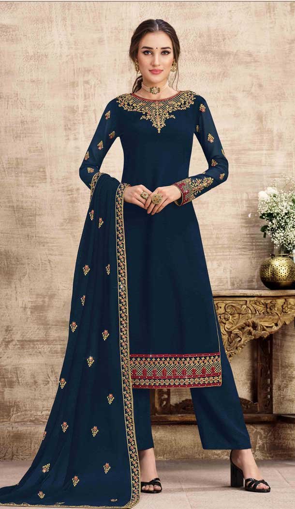 Navy Blue Color Swiss Georgette Pakistani Style Palazzo Salwar Suit -1524130790