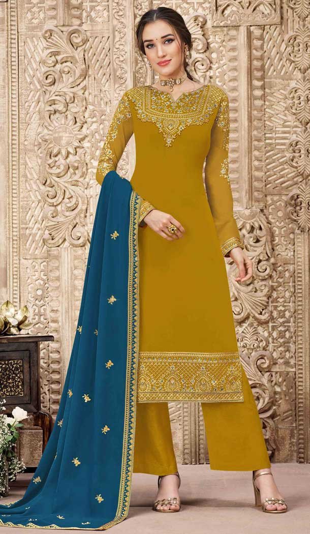 Musterd Color Swiss Georgette Pakistani Style Palazzo Salwar Suit -1524130791