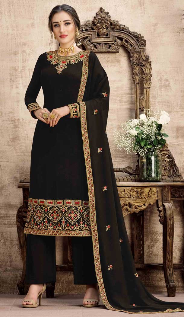 Black Color Swiss Georgette Pakistani Style Palazzo Salwar Suit -1524130792