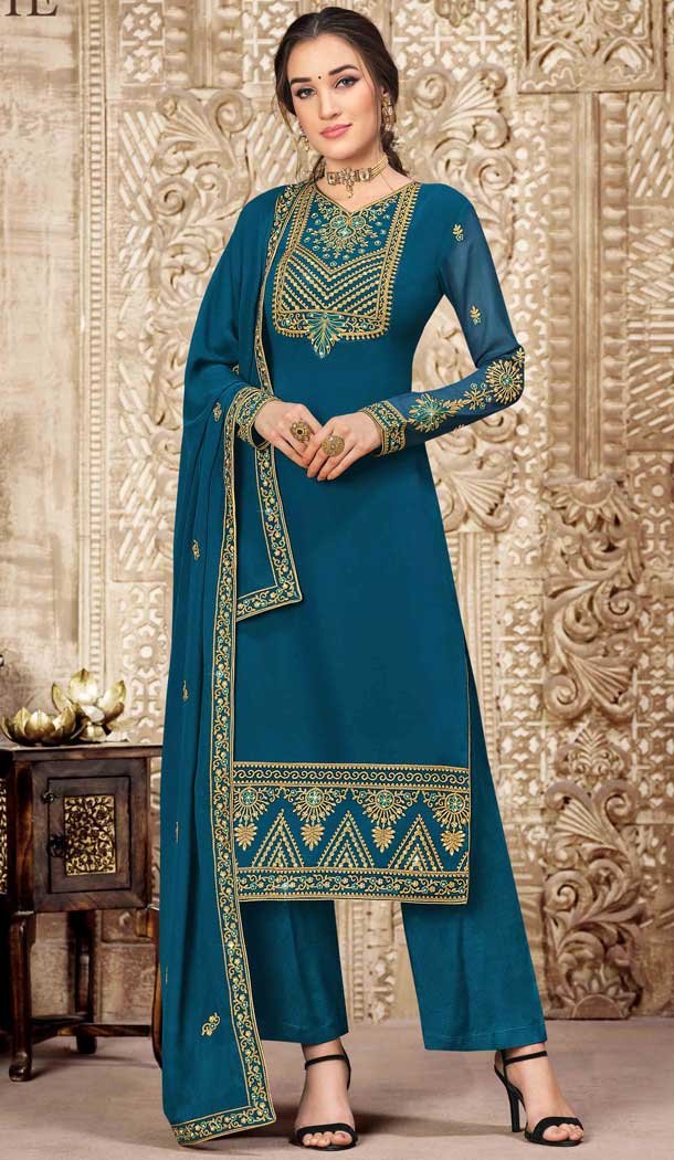 Blue Color Swiss Georgette Pakistani Style Palazzo Salwar Suit -1524130793