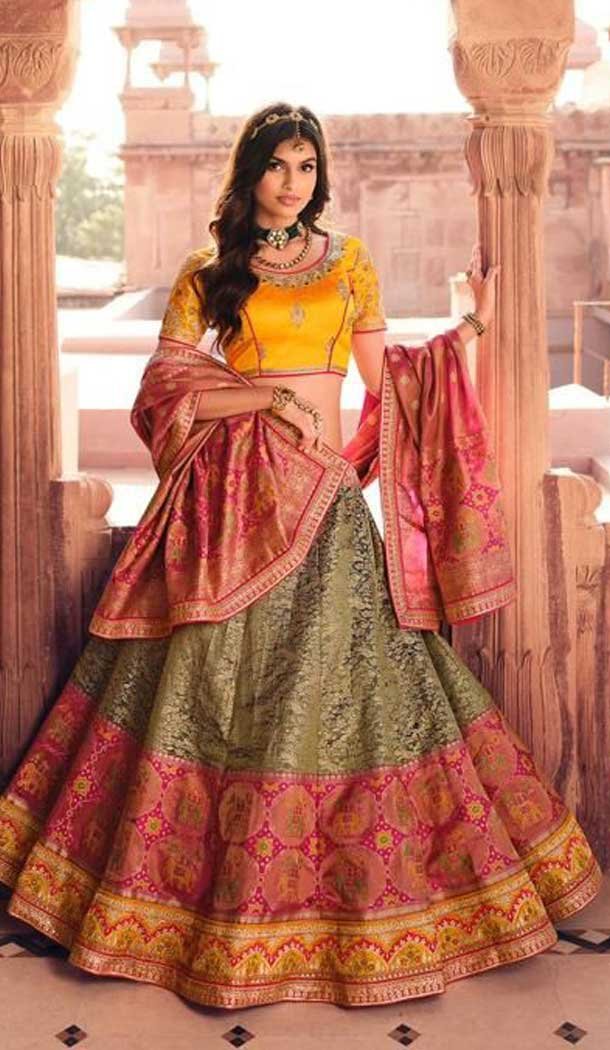 Gorgeous Pink Pista Color Silk Designer Heavy Bridal Wear Lehenga Choli -1646131749