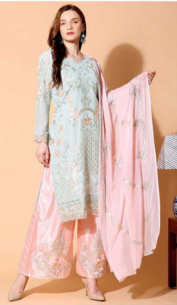 Aqua Color Foux Georgette Pakistani Style Party wear Salwar Suit -1704132320