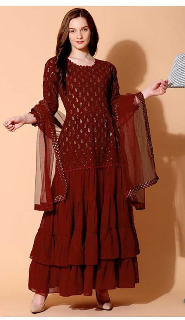 Maroon Color Foux Georgette Pakistani Style Party wear Salwar Suit -1704132324