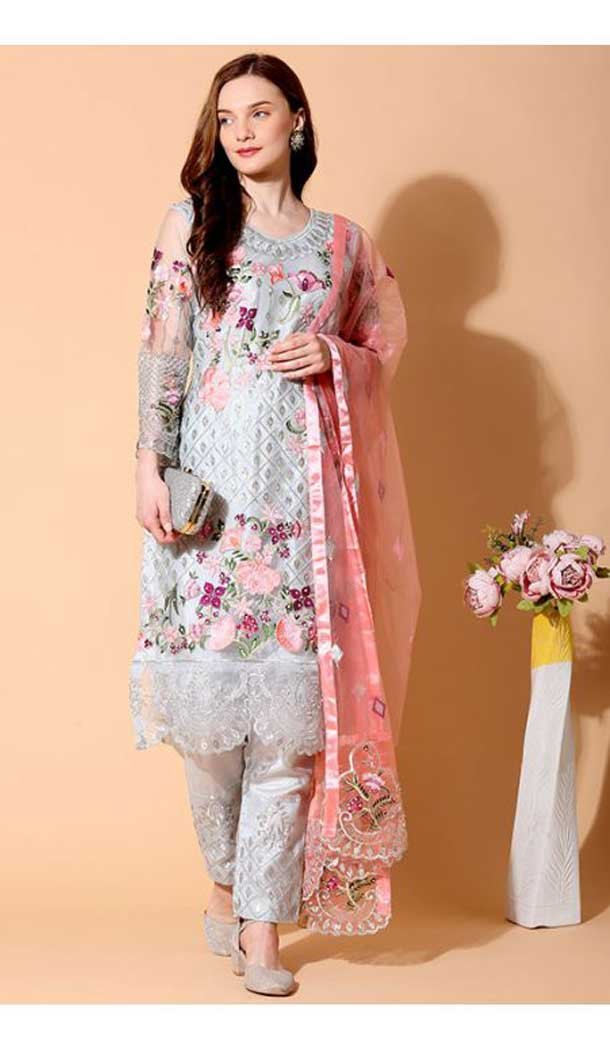 Grey Color Foux Georgette Pakistani Style Party wear Salwar Suit -1704132326