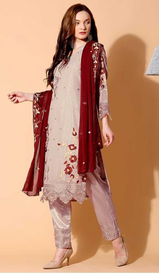 Beige Color Foux Georgette Pakistani Style Party wear Salwar Suit -1704132328