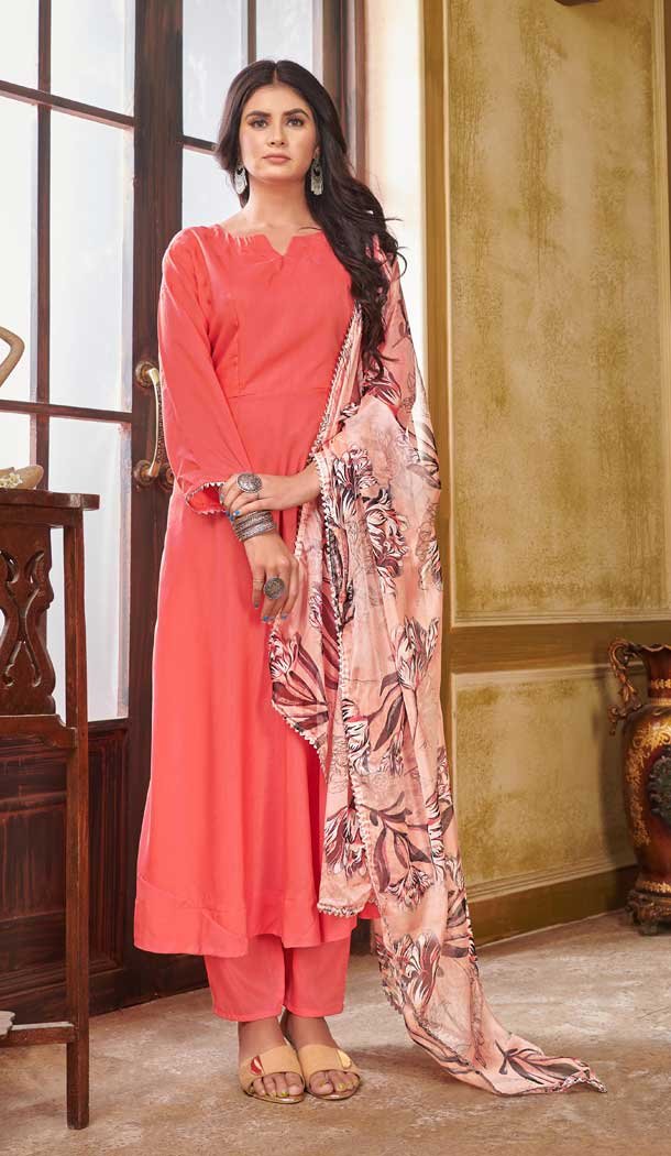 Coral Peach Color Pure Maslin Readymade Plus Size Party Wear Suit -1734132599