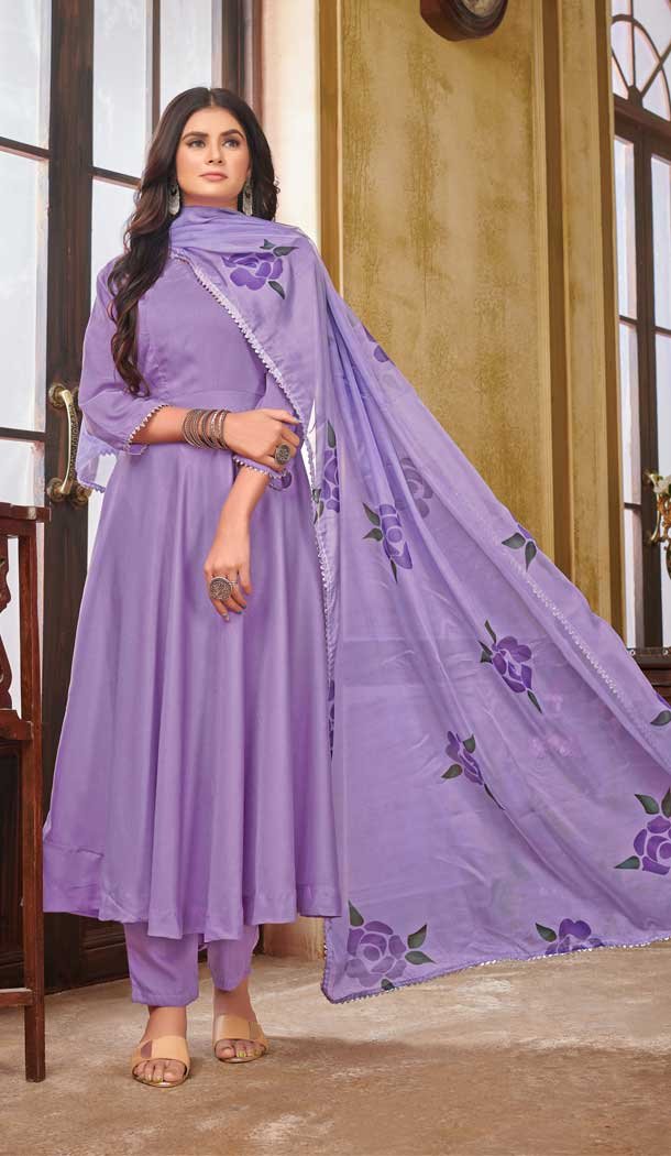 Lilac Color Pure Maslin Readymade Plus Size Party Wear Suit -1734132600