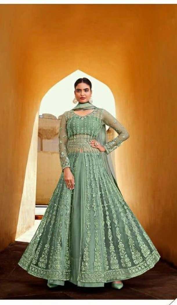 Sea Green Color Soft Net Designer Party Wear Indo Western Suit -1750132786