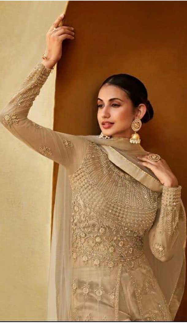 Attractive Beige Color Soft Net Designer Party Wear Indo Western Suit -1750132787