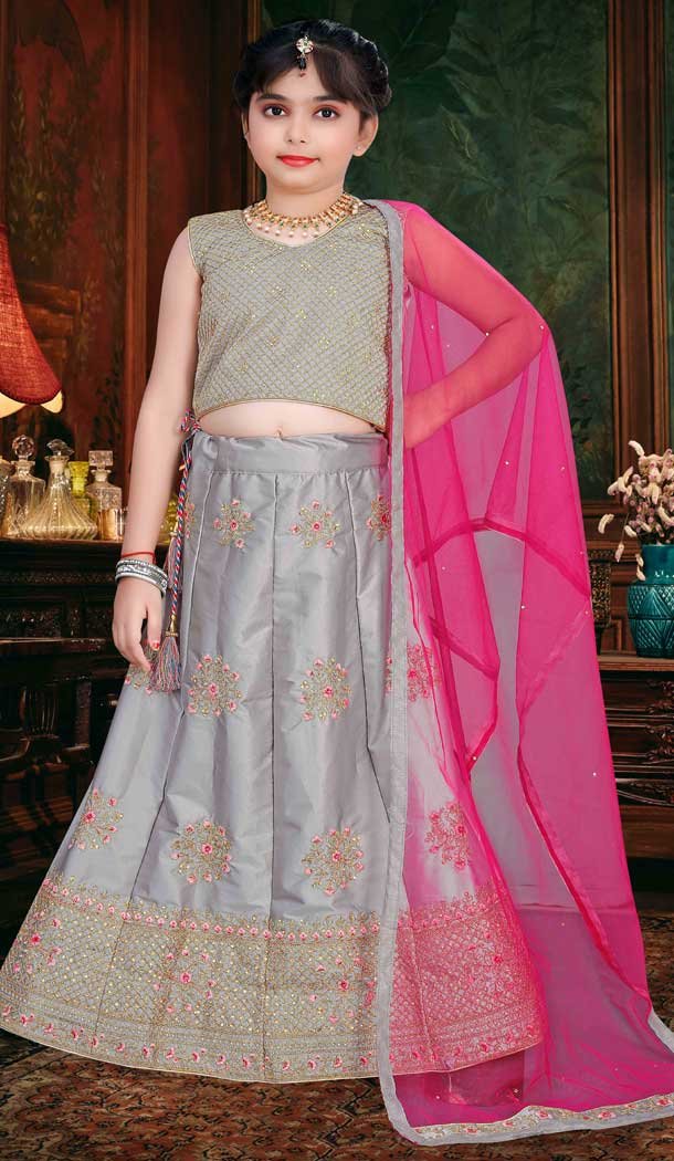 Grey Color Japan Silk Designer Traditional Wear Girls Lehenga Choli -1785133085